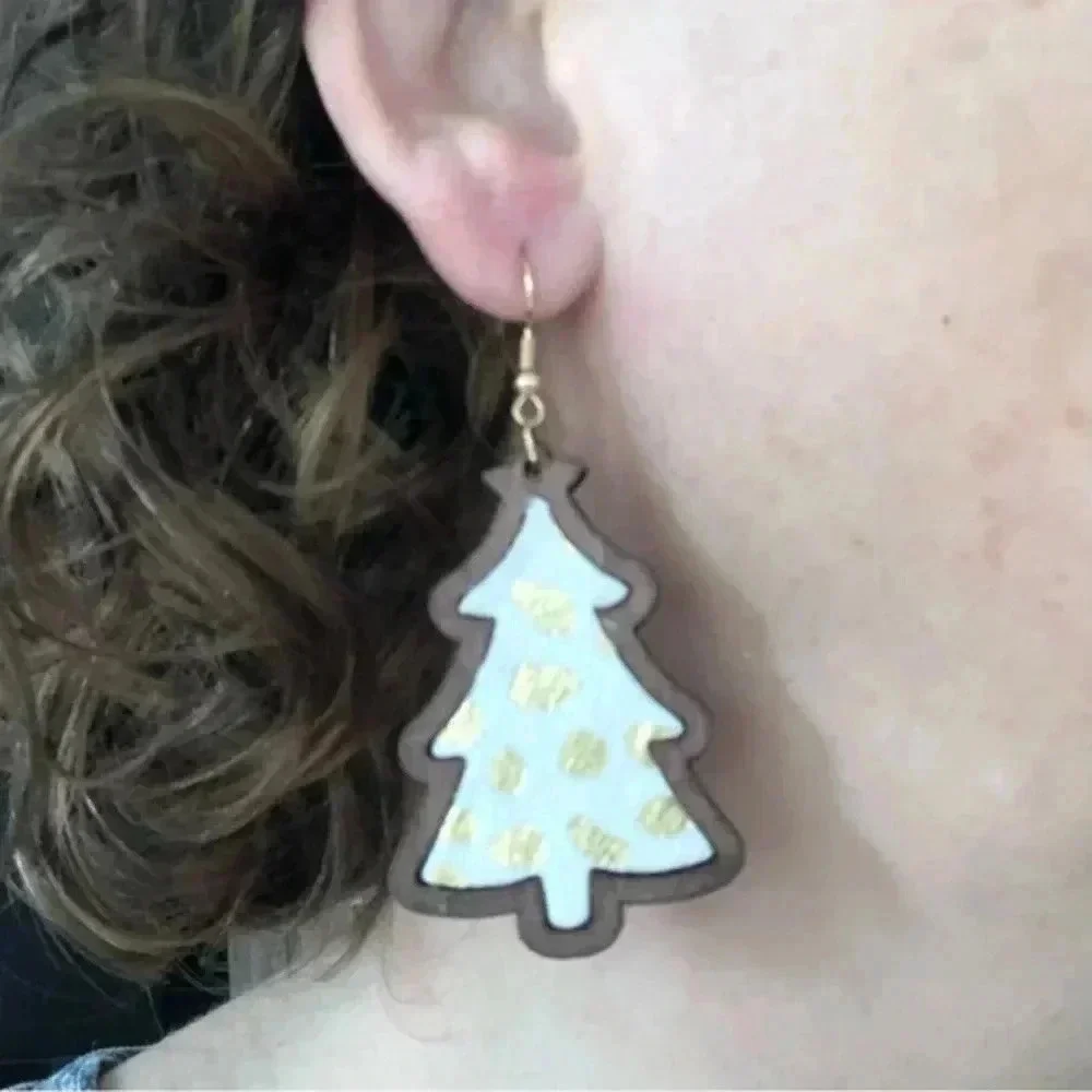 Golden Gold Spot Christmas Tree Animal Print Wooden Drop Earrings NWT